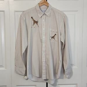 Las Olas Women's Tan & White Striped Long Sleeve Button Front Giraffe Top Med